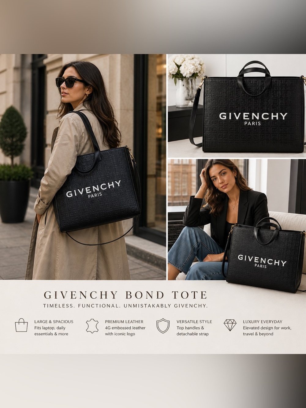 Givenchy Bond Large Black 4G Embossed Leather Tote Logo Bag Authentic